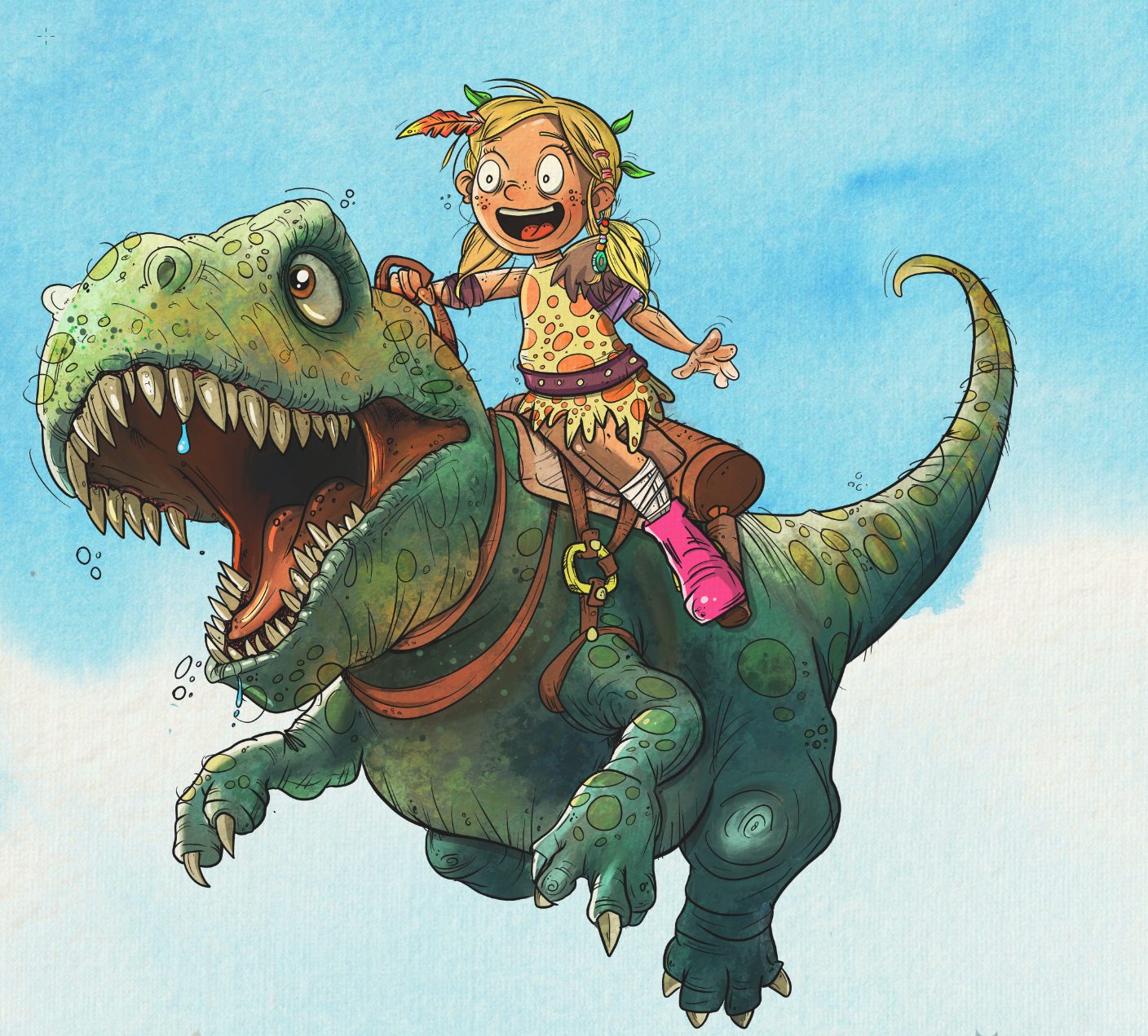 Girl riding a T-rex — funny children's book illustration by Australian author Andrew Tynan